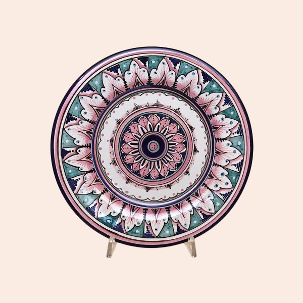 SET OF FRUIT OR DESSERT PLATES OF CM. 22 DIAMETER; DESIGN: LIGHT PINK AND SEAWATER GREEN-GEOMETRIC